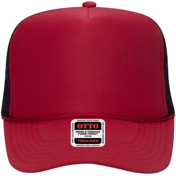 A red 5 Panel High Crown Trucker Cap with a black mesh back and a prominent logo label on the front.