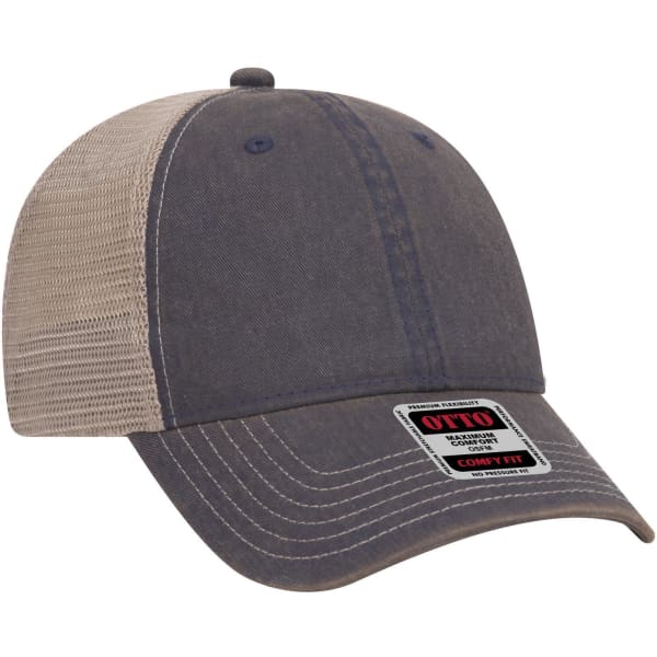 A soft polyester baseball cap in dark grey with a tan mesh back and a logo label on the front.