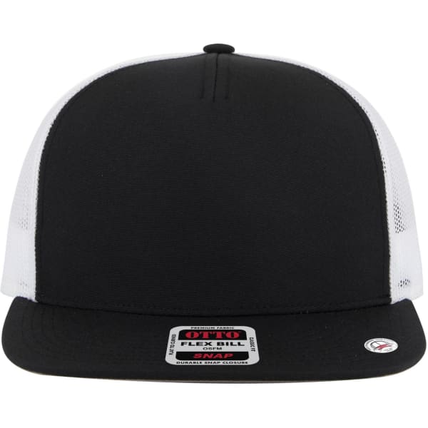 A black and white 5 panel pro style trucker cap with a flat brim and a logo on the front.