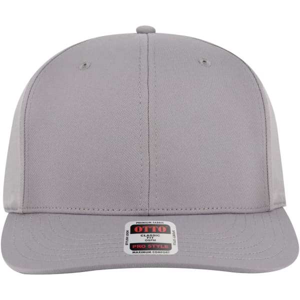 A grey 6 panel pro style snapback hat with a flat brim and a logo on the front.