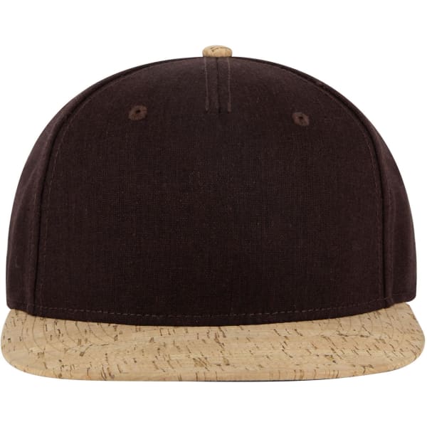 A five-panel cap featuring a dark brown fabric with a cork-patterned brim. It has a logo on the front.