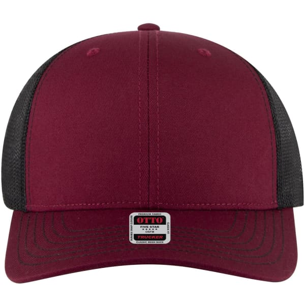 A 6-panel mid-profile trucker cap in maroon with black mesh sides and a small logo on the front.