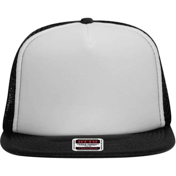 A high crown trucker cap featuring a black brim, white front panel, and black mesh sides, with a logo on the front.