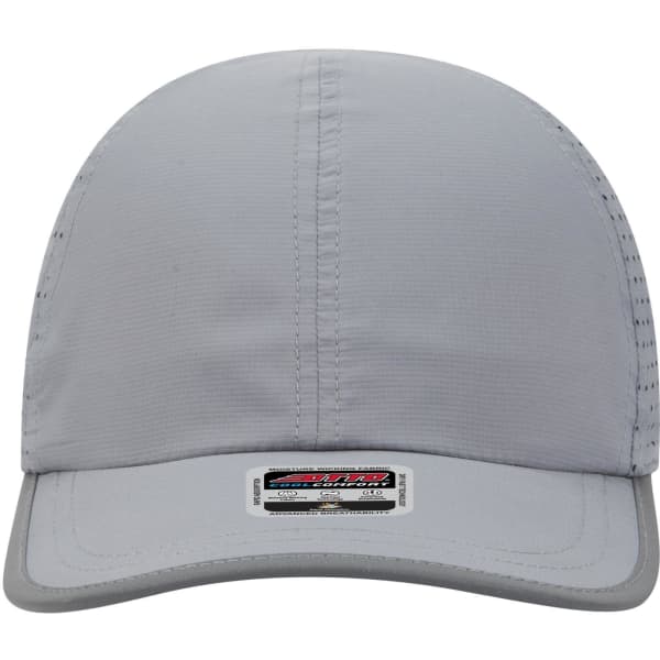 A reflective six-panel running cap in light grey, featuring a logo at the front and a curved brim.