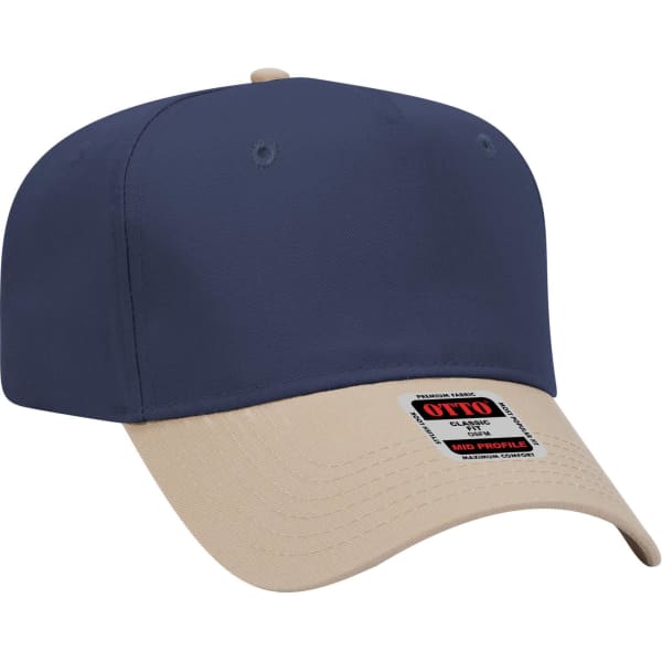A navy blue and beige 5 panel mid crown baseball cap with a logo patch on the front.