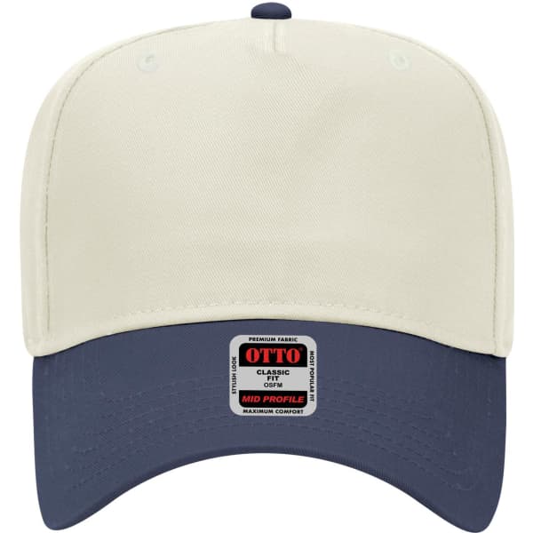 A 5 panel mid crown baseball cap in cream and navy, featuring a logo on the front.