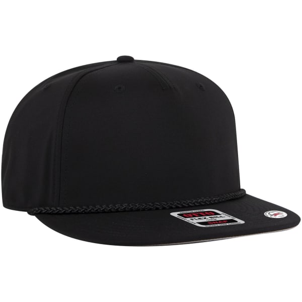 A black snapback cap featuring a structured design and a contrasting rope detail across the front.