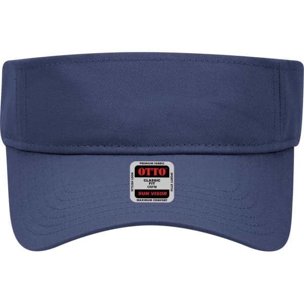 A navy sun visor with a wide brim and a logo on the front.