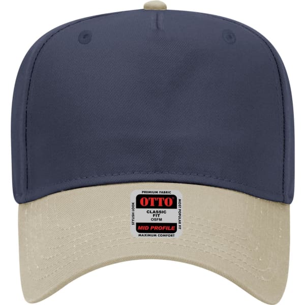 A navy blue 5-panel mid crown baseball cap with a beige peak and a logo on the front.