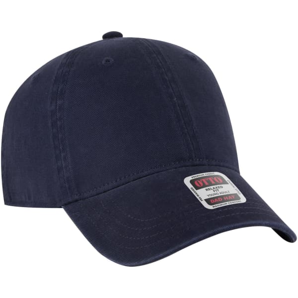 A navy blue six-panel low profile dad cap featuring a logo on the front.