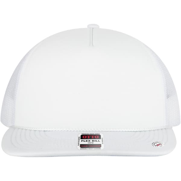 A white 5 panel style trucker cap with a mesh back and a flexible bill, featuring a logo on the front.