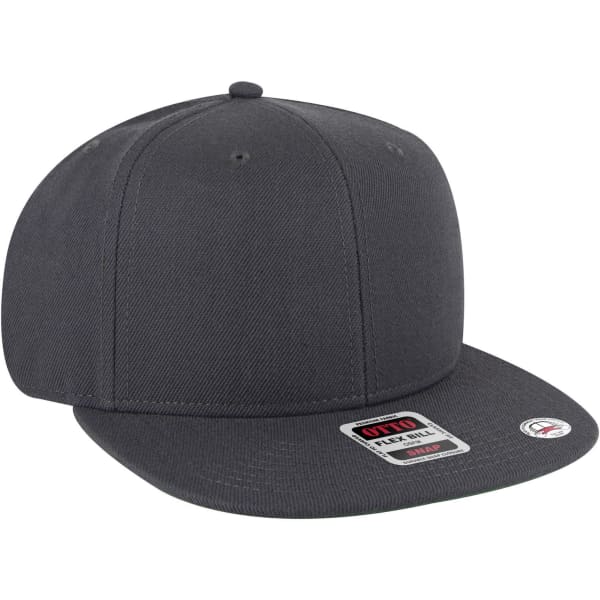 A grey snapback cap with a flat brim and a fabric logo patch on the side. Features a structured 6-panel design.
