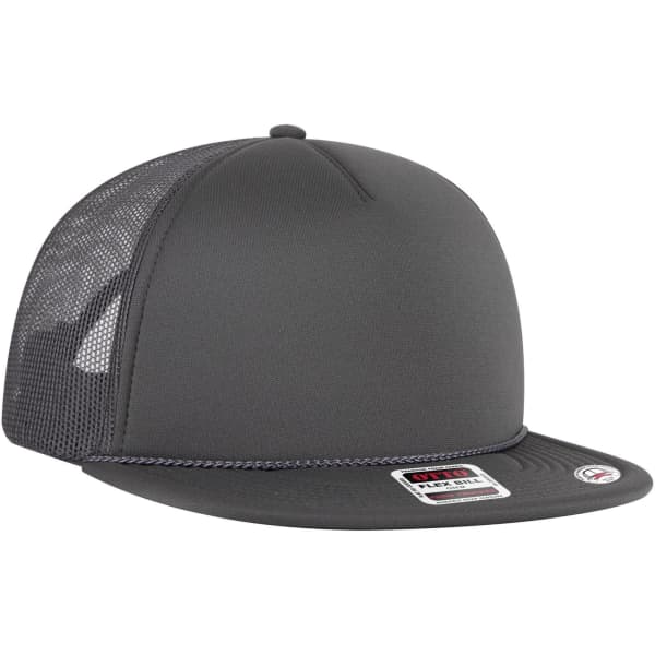 A grey 5 Panel Style Trucker Cap featuring a mesh back and a branded label.