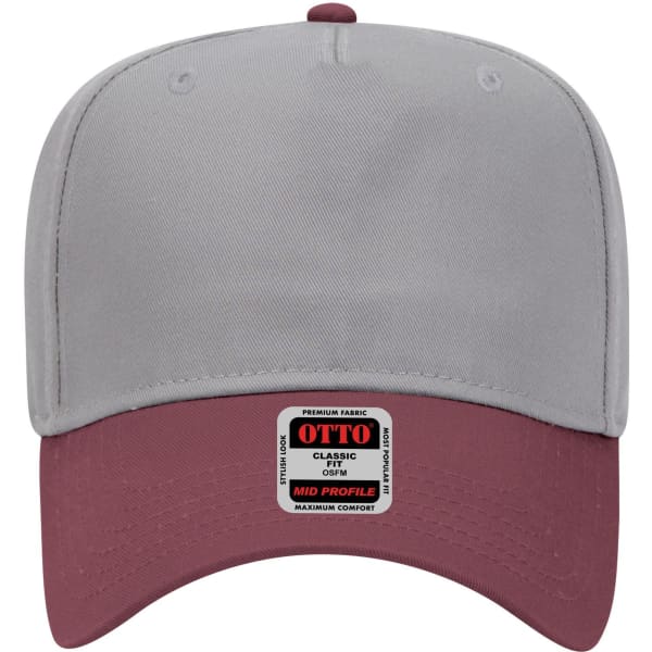 A grey and maroon 5 Panel Mid Crown Baseball Cap with a branded label on the front.