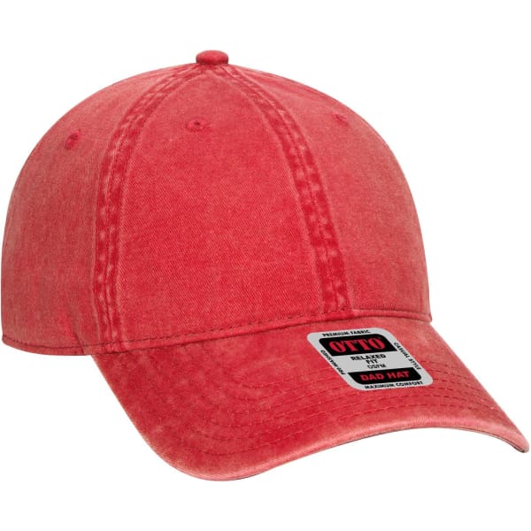 A red 6 panel low profile dad cap with a curved brim and a logo on the front.