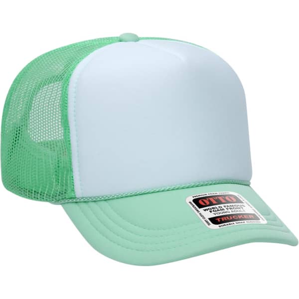 A green and white 5 Panel High Crown Trucker Cap featuring a mesh back and a curved peak. It includes a logo.
