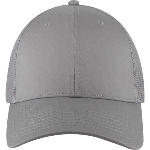 A grey 6 panel low profile trucker cap with a mesh back and a logo on the front.