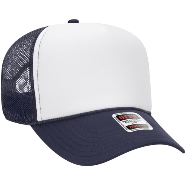 A 5 panel mid-profile trucker cap featuring a white front panel and navy mesh sides. It has a branded label.