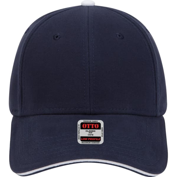 A navy blue 6 panel low profile baseball cap featuring a logo and contrasting trim.