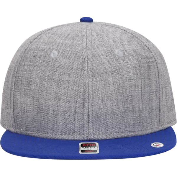 A snapback cap featuring a grey upper with a blue brim and an adjustable closure at the back. Includes a logo.