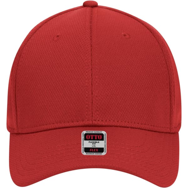 A red 6 panel low profile baseball cap with a logo tag on the front.