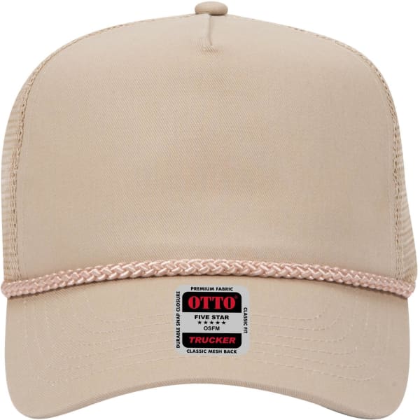 A mid-profile trucker cap in beige with a mesh back and a braided band, featuring a branding logo.