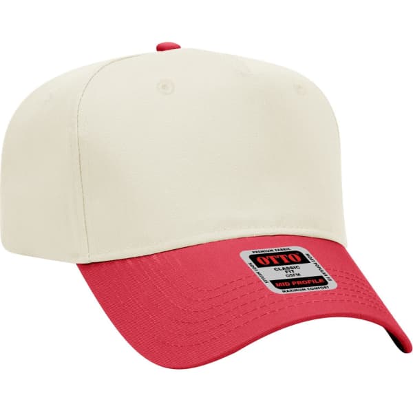 A five-panel mid crown baseball cap in cream and red with a logo on the front.