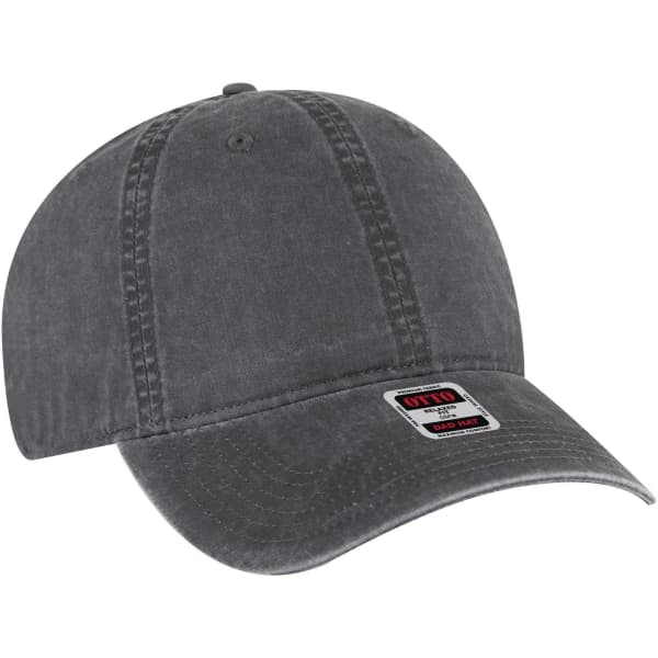 A grey 6-panel low profile style dad cap with stitching details and a logo on the front.