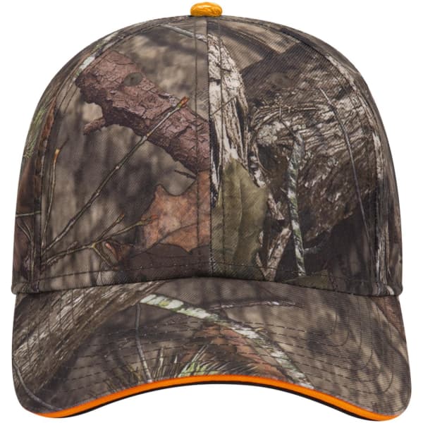 A camo-patterned baseball cap in shades of green and brown, featuring an orange accent and a logo.