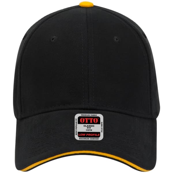 A black low profile baseball cap with a yellow accent and a tag on the front, featuring a logo.