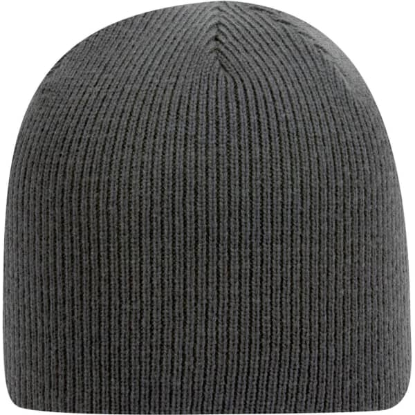 A grey classic knit beanie featuring a ribbed texture and a small logo.