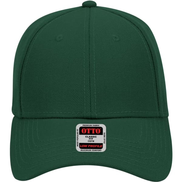 A green 6-panel low profile baseball cap with a structured design and a logo on the front.