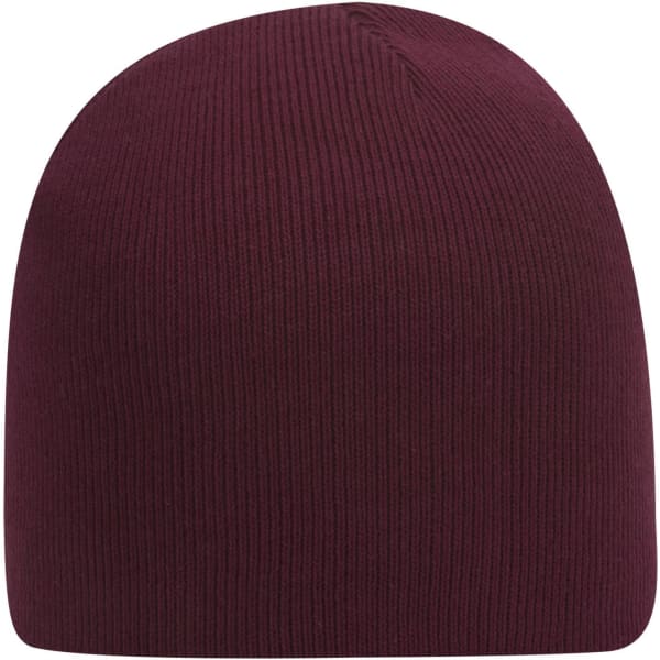 A classic knit beanie in a rich burgundy colour with a ribbed texture and a logo on the side.