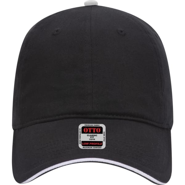 A black 6-panel low profile baseball cap with a contrasting white brim and a logo on the front.