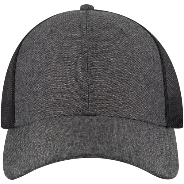 A 6-panel low profile trucker cap in grey with black mesh sides and back, featuring a logo.