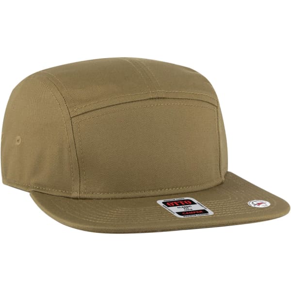 A 5 Panel Camper Hat in a tan colour with a flat brim and a logo on the side.