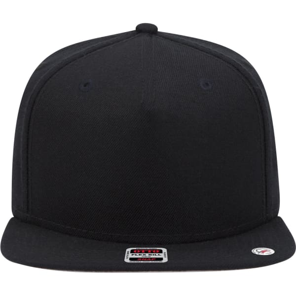A black snapback cap featuring a flat brim and a grey undervisor, with an embossed logo on the side.