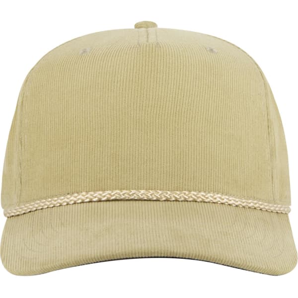 A mid-profile corduroy baseball cap in a muted green hue, featuring a braided decorative band. It includes a logo.