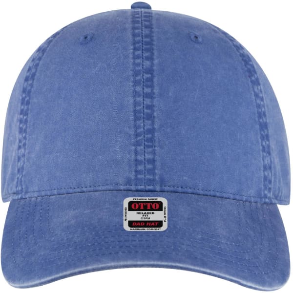 A blue 6 panel low profile dad cap with a logo on the front. The fabric has a soft, worn appearance.