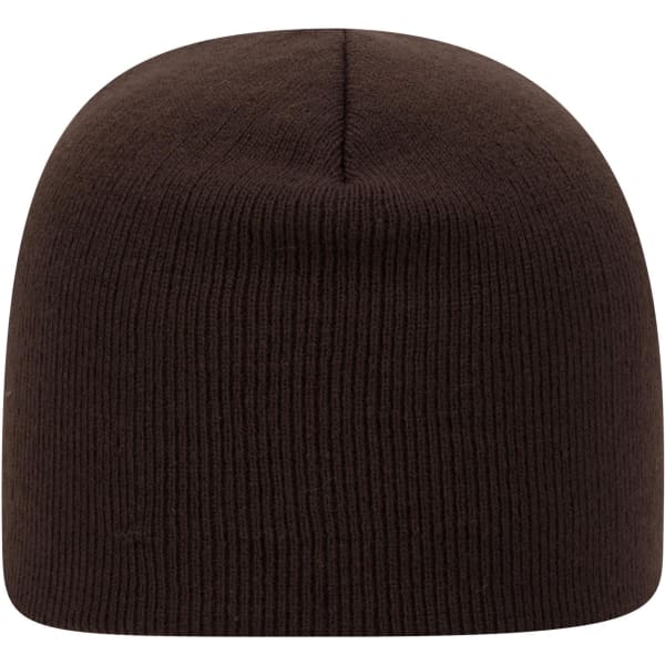 A brown classic knit beanie. The beanie features a ribbed design and has a logo on it.