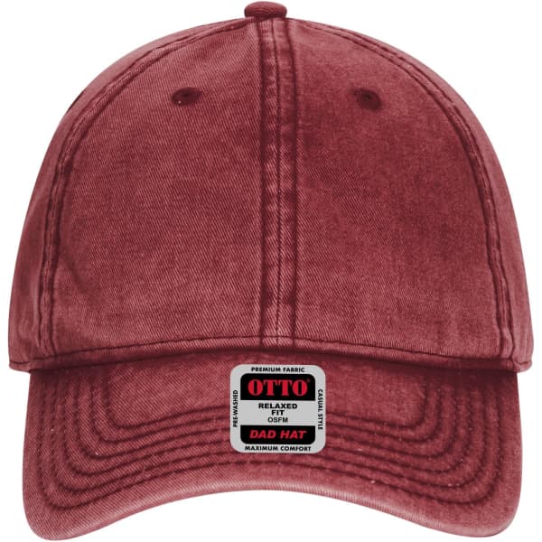 A burgundy six-panel low profile dad cap with a branded label on the front.