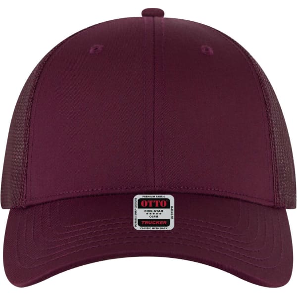 A maroon 6 panel low profile trucker cap with a mesh back and a logo label on the front.