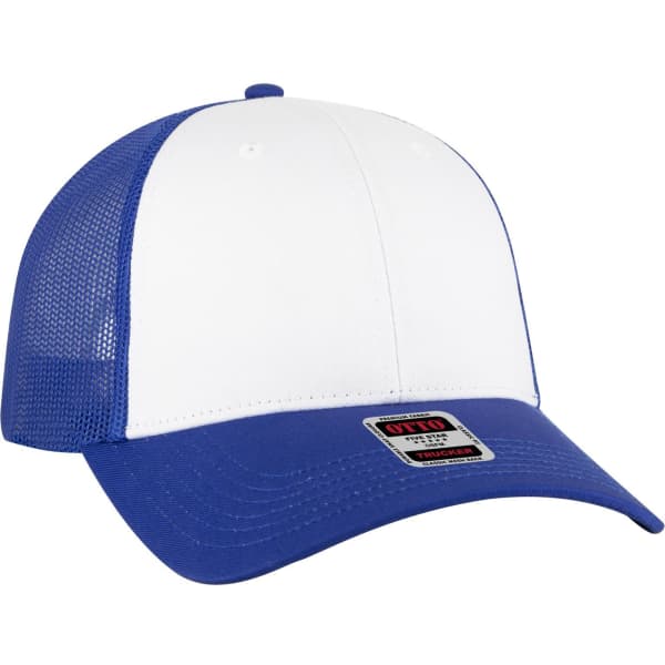 A blue and white 6 panel low profile trucker cap with a mesh back and a logo on the side.