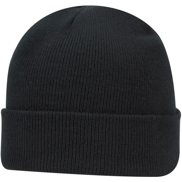 A black classic knit beanie featuring a ribbed texture and a folded cuff. It has a logo on the side.