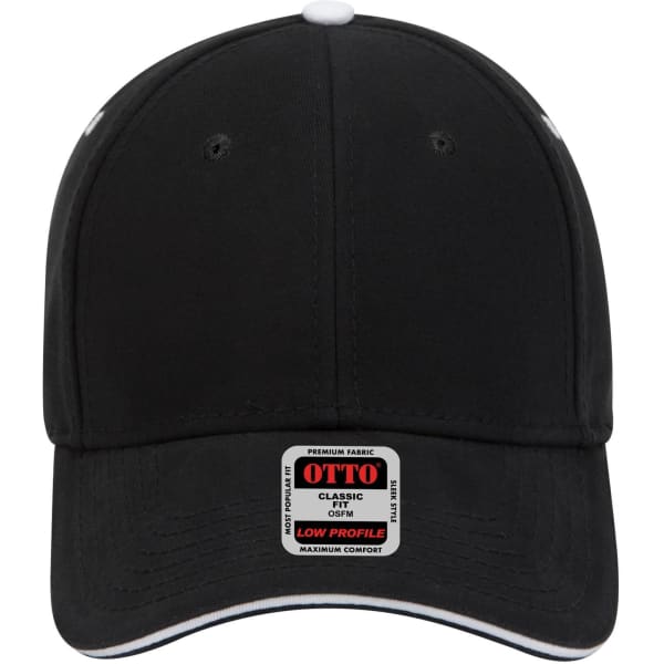 A black 6-panel low profile baseball cap with a branded label at the front and contrasting stitching on the peak.