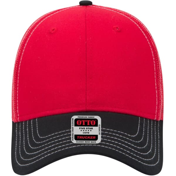 A red and black 6 panel low profile trucker cap with stitching detail and a logo on the front.