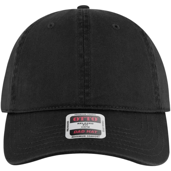 A black low profile dad cap featuring a curved brim and an adjustable strap, with a logo on the front.