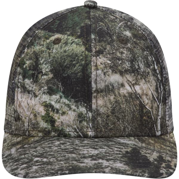 A camo-patterned six panel low profile baseball cap featuring shades of green, brown, and grey with a curved brim.