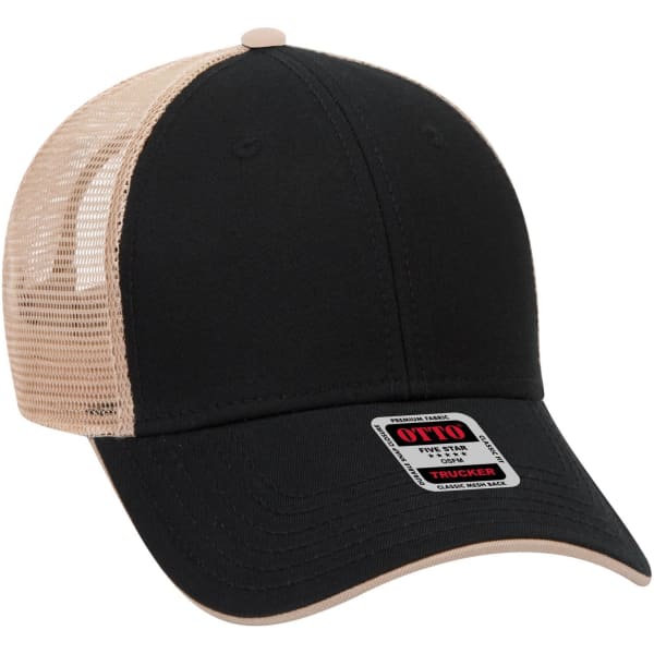 A black and beige 6-panel low profile trucker cap with a mesh back and a logo on the front.