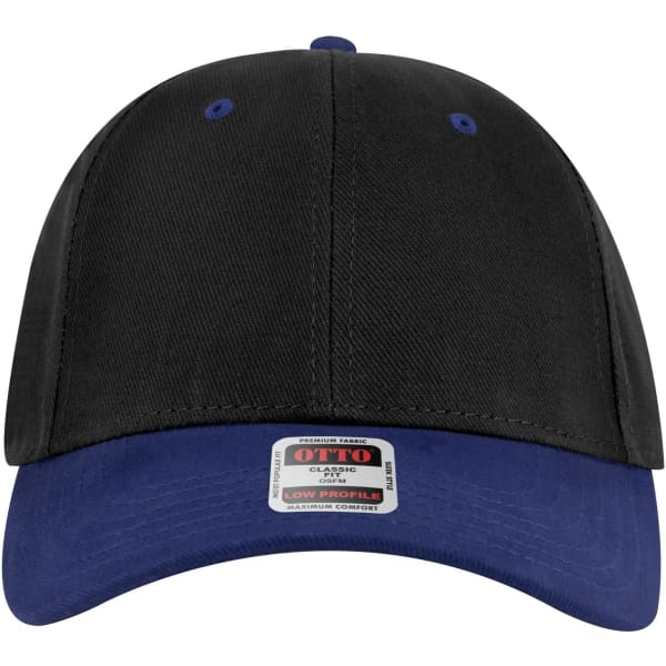 A black and blue 6 panel low profile baseball cap with a logo on the side.